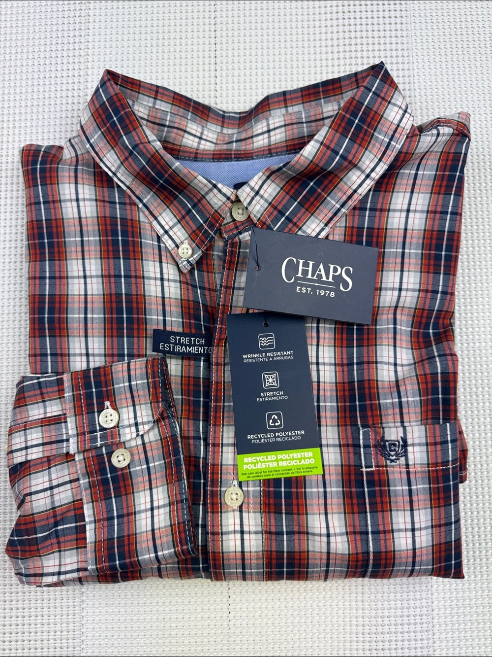 Chaps Shirt Red/Blue Plaid Button Collar Stretch‎ Wrinkle Resistant Size 2XL NWT